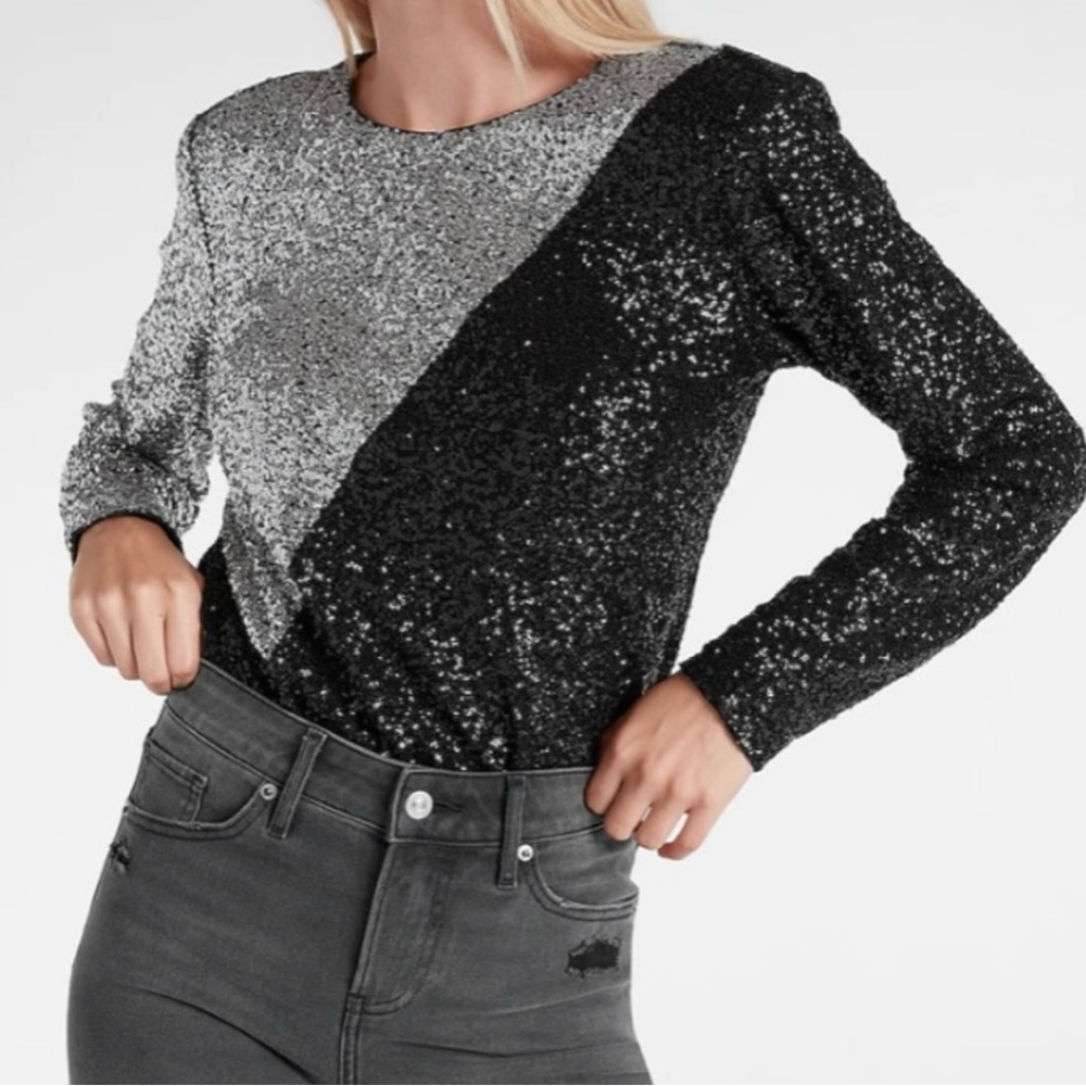 New Express long sleeve sequin body suit size S